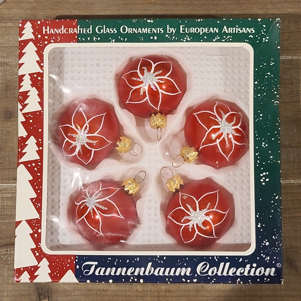 Tannenbaum Collection 5 Red Glass Christmas Ornaments Poinsettias Poland